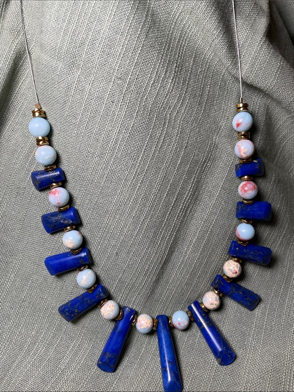 Lapis-Style Blue and Pink Beaded Statement Necklace